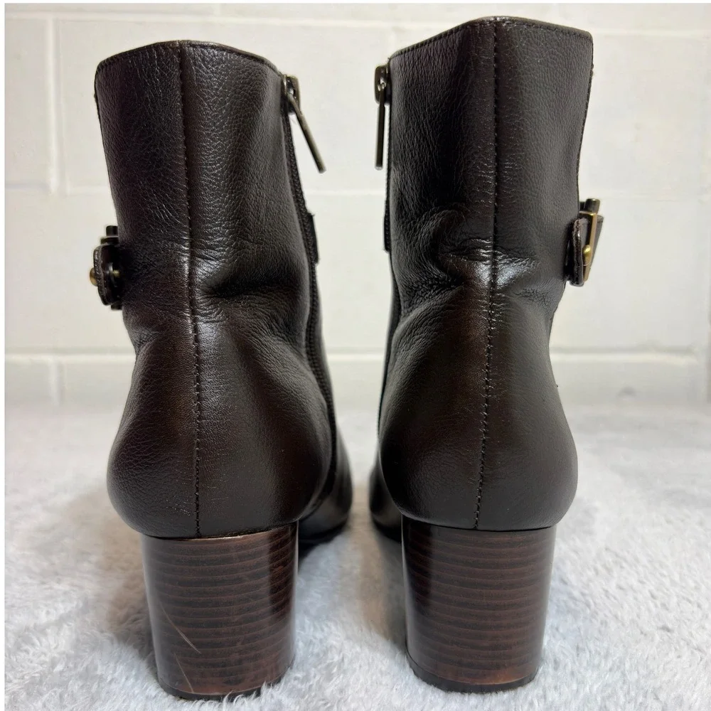 Bandolino Ankle Boots Women 8.5 M Brown Leather Square Toe Block Heel Buckle